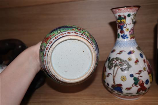 An 18th century Chinese clobbered guglet and two famille rose vases